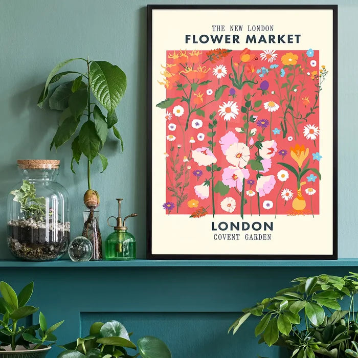 New London Flower Market Print, floral art print black framed on a living room shelf