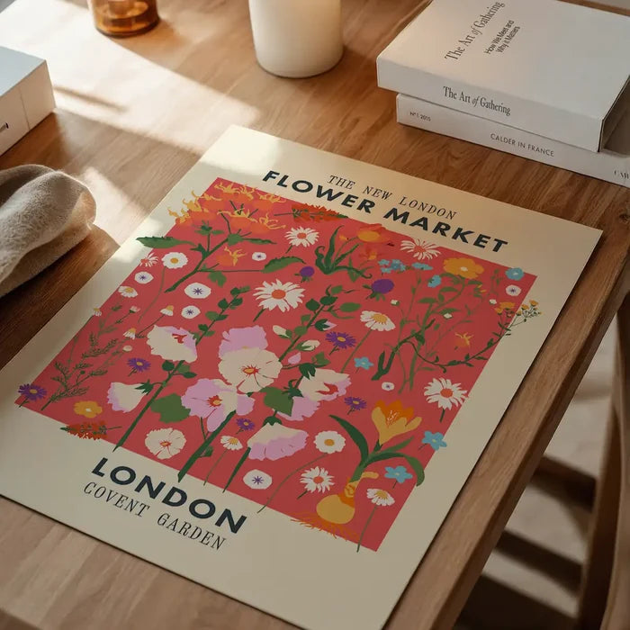 New London Flower Market Print, floral art print unframed on a home office desk