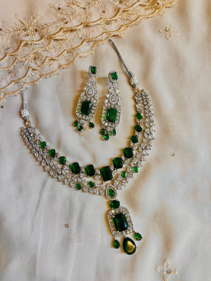 MOHAR emerald-tone statement choker necklace set with American Diamond stones