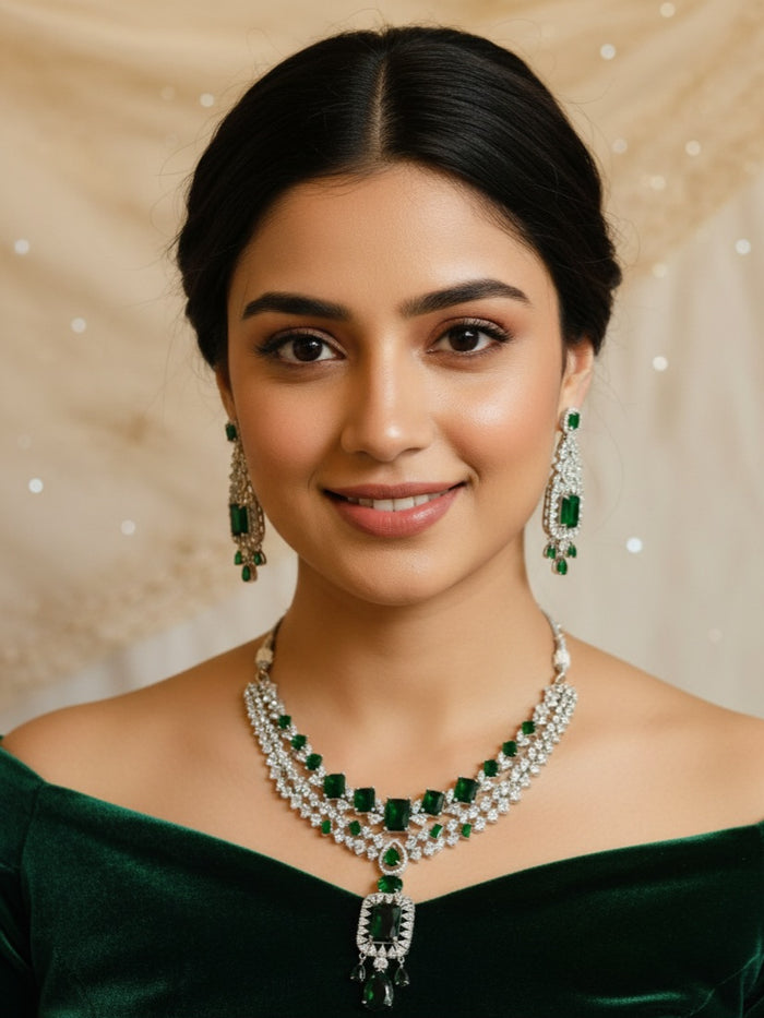 MOHAR emerald-tone statement choker necklace set with American Diamond stones