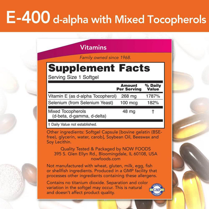 NOW E-400 IU + Selenium – 100 Softgels, Single Vitamins