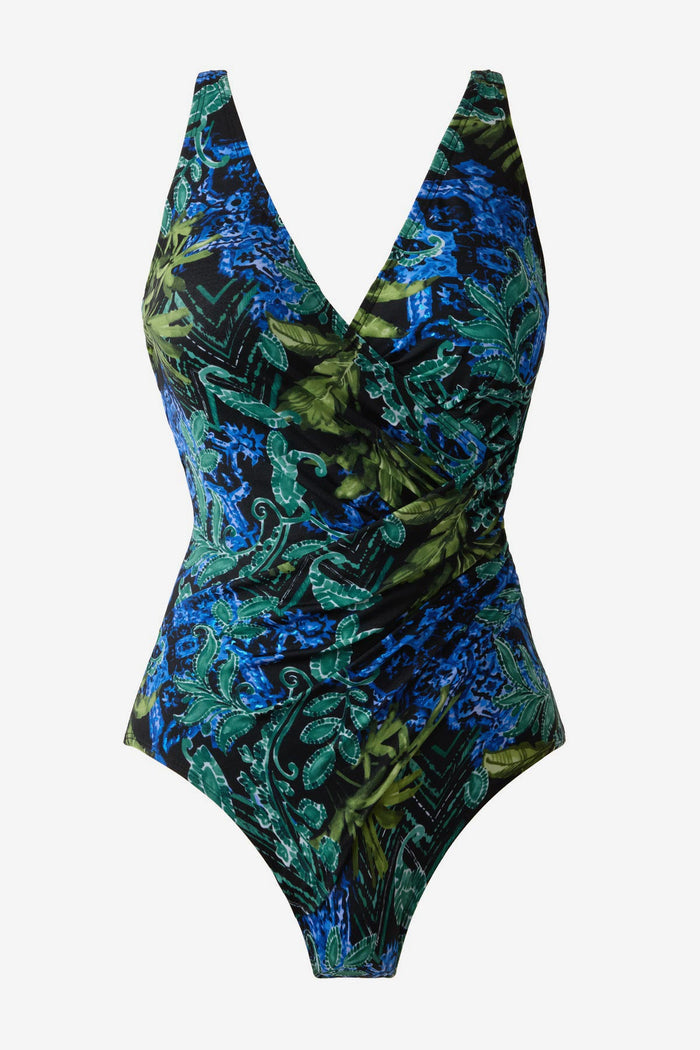 Multicolor abstract print swimsuit with a V neckline