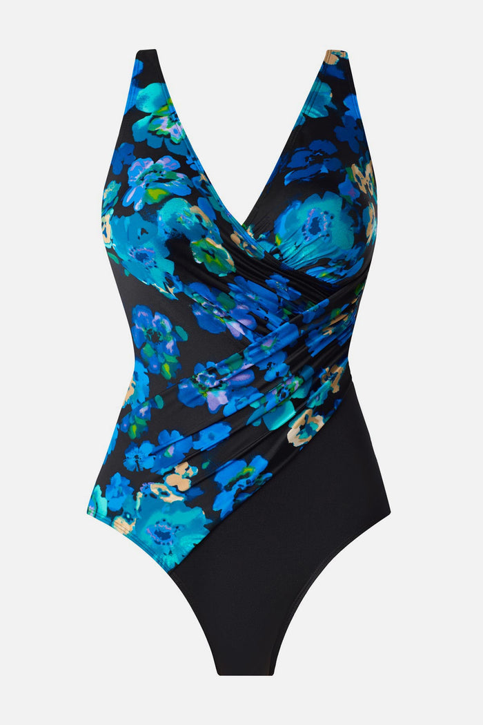 Black and blue floral printed one-piece swimsuit with a black panel on the side