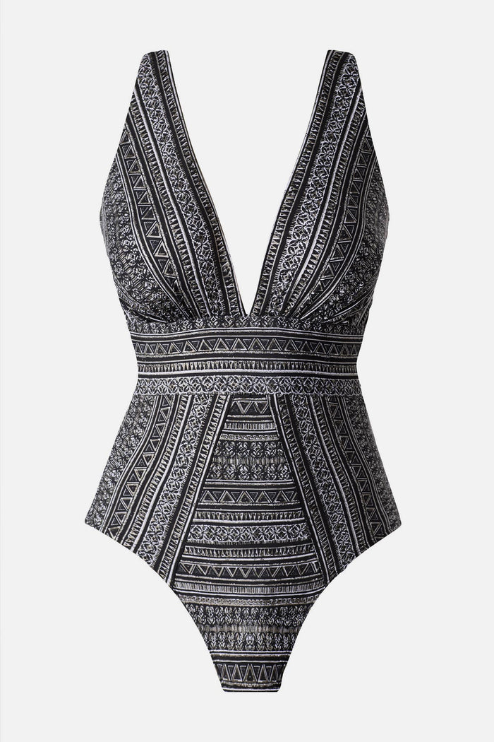 Black and white geometric pattern one-piece swimsuit with V neckline