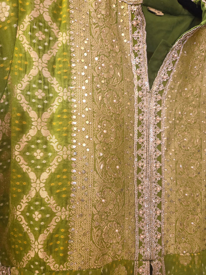 Olive Green Benarasi Bandhani Anarkali Jacket with Skirt