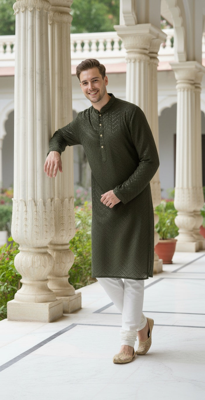 Olive Green Embroidered Chevron Kurta