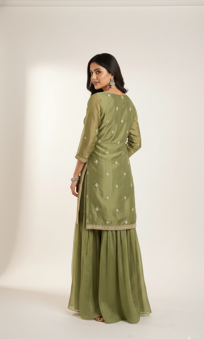 Olive Green Embroidered Sharara Suit Set