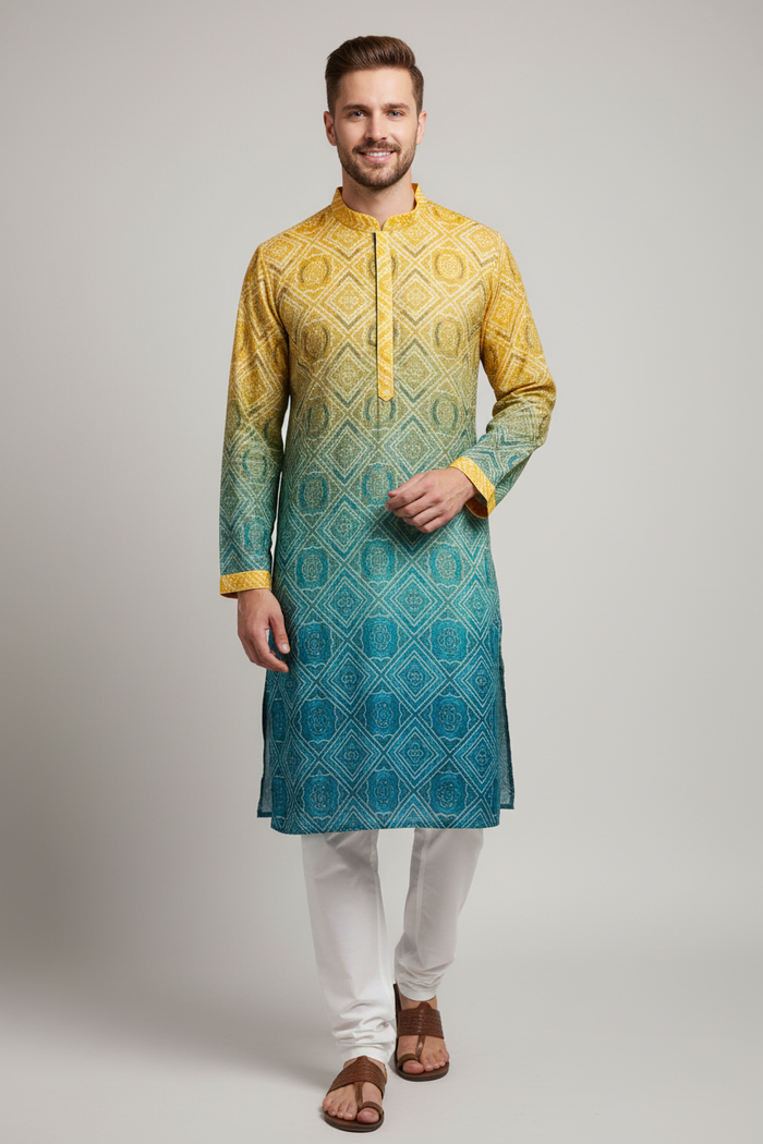 Front view – male model in ombre kurta