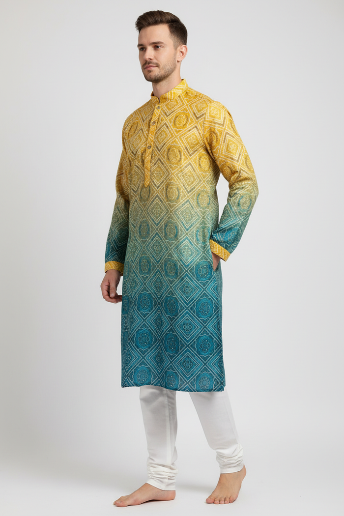 Side angle – male model in ombre kurta