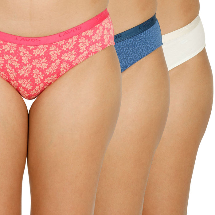 Organic Bamboo outer elastic Printed Bikini for Women-pack of 3's photograph that's made with an innovative bamboo and organic cotton fabric from Lavos Performance, a carbon neutral eco-fashion company. Lavos Performance Women's Bikini made out of Organic cotton and Bamboo is Perfect for your day-to-day routine. Made of signature Air jersey fabric that is extremely soft, lightweight, and skin-friendly. Added front and back coverage. Anti-bacterial and odor-free. Ultra Soft Bamboo/Cotton keeps yo