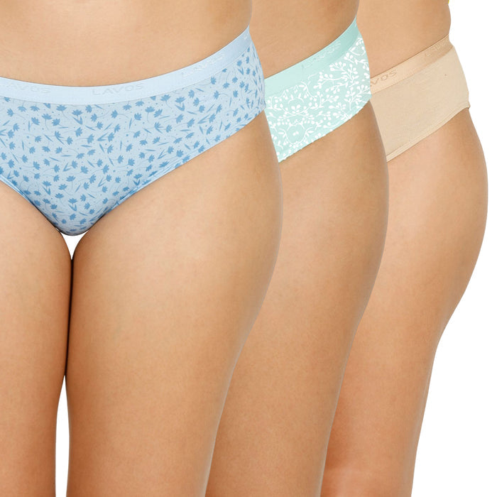 Organic Bamboo outer elastic Printed Bikini for Women-pack of 3's photograph that's made with an innovative bamboo and organic cotton fabric from Lavos Performance, a carbon neutral eco-fashion company. Lavos Performance Women's Bikini made out of Organic cotton and Bamboo is Perfect for your day-to-day routine. Made of signature Air jersey fabric that is extremely soft, lightweight, and skin-friendly. Added front and back coverage. Anti-bacterial and odor-free. Ultra Soft Bamboo/Cotton keeps yo