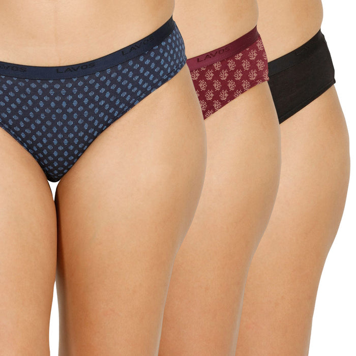 Organic Bamboo outer elastic Printed Bikini for Women-pack of 3's photograph that's made with an innovative bamboo and organic cotton fabric from Lavos Performance, a carbon neutral eco-fashion company. Lavos Performance Women's Bikini made out of Organic cotton and Bamboo is Perfect for your day-to-day routine. Made of signature Air jersey fabric that is extremely soft, lightweight, and skin-friendly. Added front and back coverage. Anti-bacterial and odor-free. Ultra Soft Bamboo/Cotton keeps yo