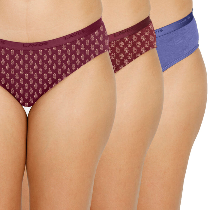 Organic Bamboo outer elastic Printed Bikini for Women-pack of 3's photograph that's made with an innovative bamboo and organic cotton fabric from Lavos Performance, a carbon neutral eco-fashion company. Lavos Performance Women's Bikini made out of Organic cotton and Bamboo is Perfect for your day-to-day routine. Made of signature Air jersey fabric that is extremely soft, lightweight, and skin-friendly. Added front and back coverage. Anti-bacterial and odor-free. Ultra Soft Bamboo/Cotton keeps yo