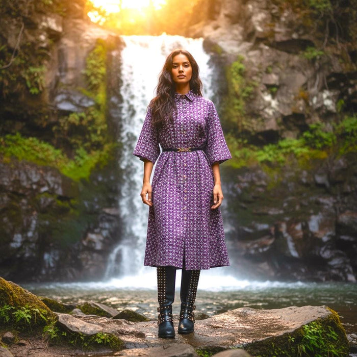 May include: A woman stands in front of a waterfall wearing a purple patterned dress with a black belt. The dress has short sleeves and buttons down the front. She wears black boots with gold studs. The background features a lush green landscape.
