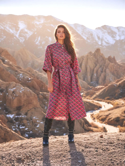 May include: A long, button-down dress with a floral pattern in shades of pink and red. The dress has short sleeves and a belted waist. The model is wearing black boots with silver studs. The background features a mountainous landscape.