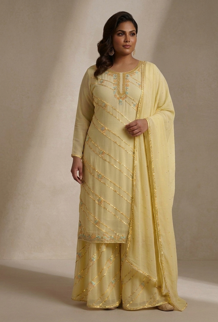 Pale Yellow Embroidered Sharara Set