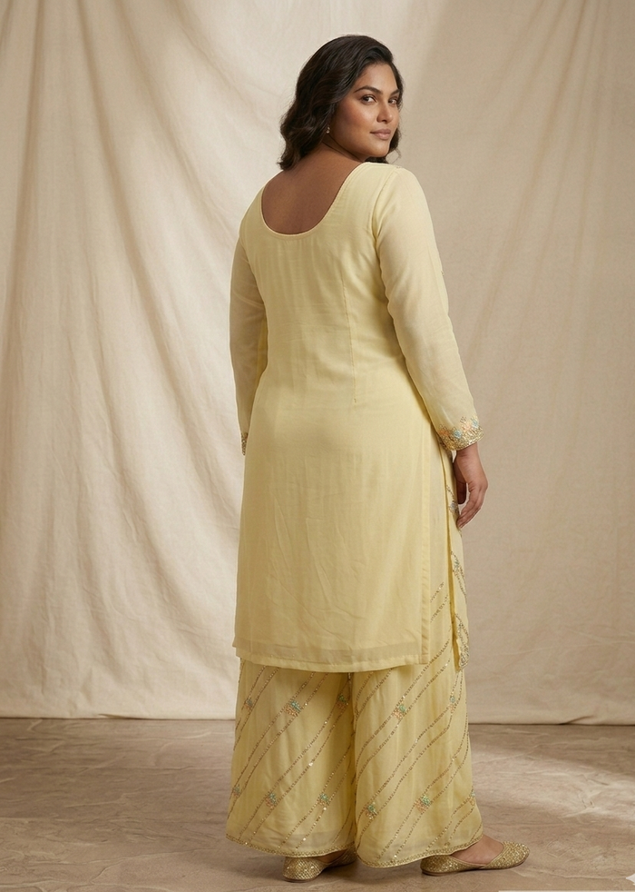 Pale Yellow Embroidered Sharara Set