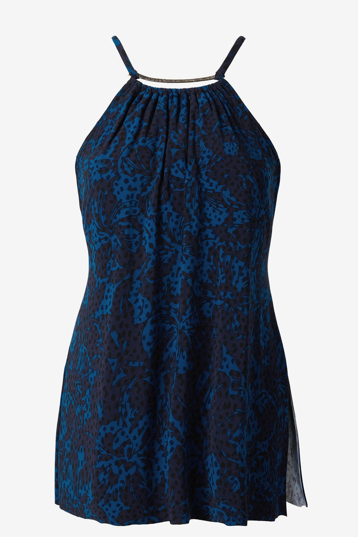 Black and blue one-piece swimsuit with a tie side down and neckline detail