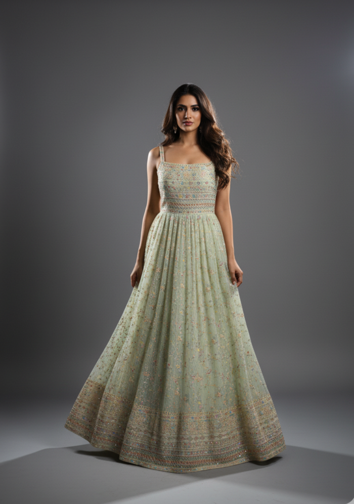Pastel Mint Green Embroidered Maxi Dress