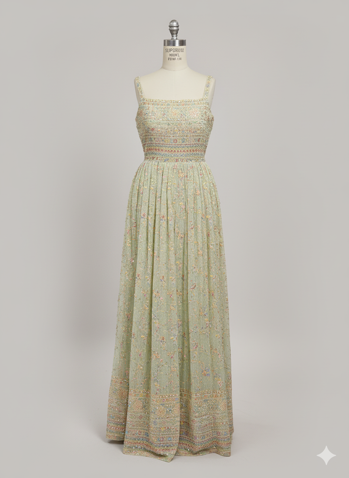 Pastel Mint Green Embroidered Maxi Dress