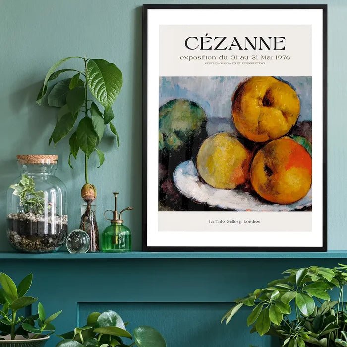 Paul Cézanne Exhibition Museum Poster, fine art poster black framed on a living room shelf