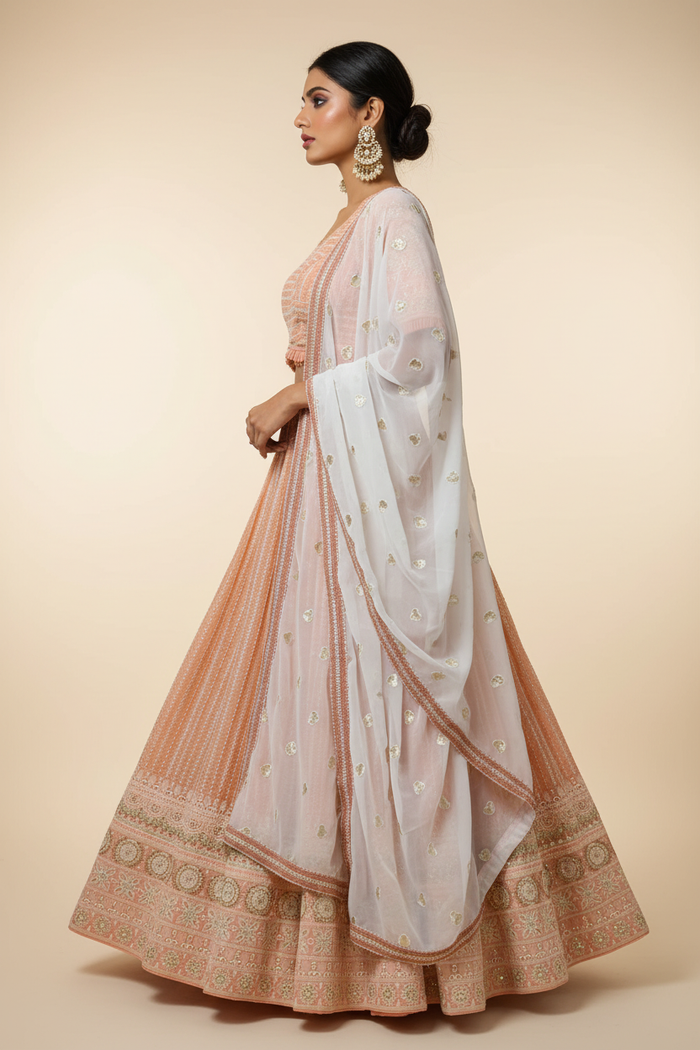 Peach Lucknowi Chikankari Lehenga Set