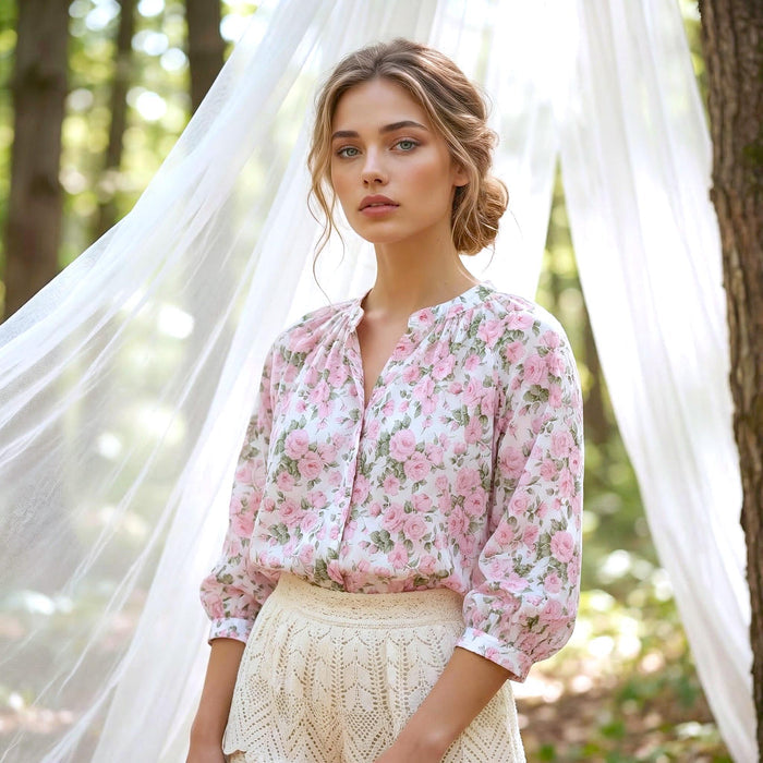 Peasant Liberty London Mandarin-collared Blouse, 3/4 Raglan-Sleeved Button-up Top, Handmade Floral-Print Womenswear, Sustainable Clothing