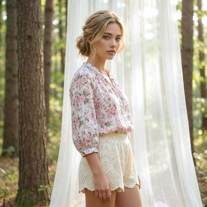 Peasant Liberty London Mandarin-collared Blouse, 3/4 Raglan-Sleeved Button-up Top, Handmade Floral-Print Womenswear, Sustainable Clothing
