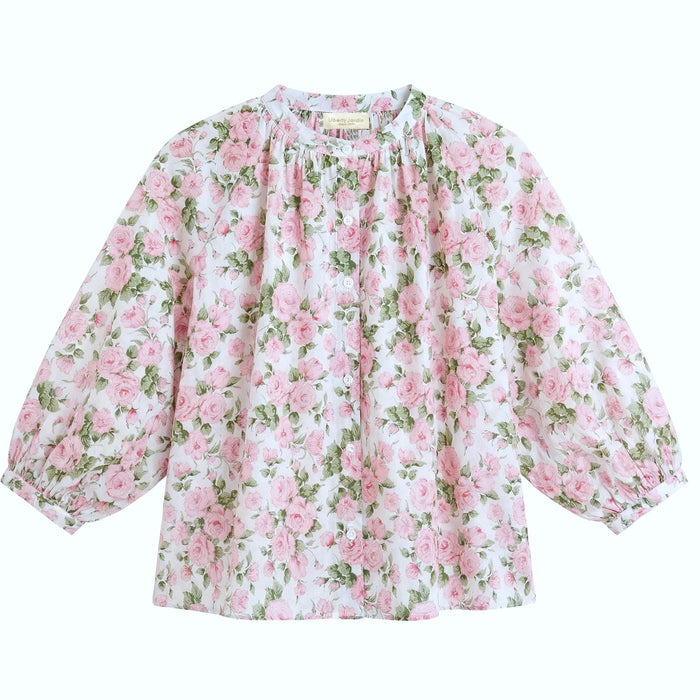 Peasant Liberty London Mandarin-collared Blouse, 3/4 Raglan-Sleeved Button-up Top, Handmade Floral-Print Womenswear, Sustainable Clothing