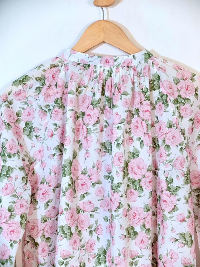 Peasant Liberty London Mandarin-collared Blouse, 3/4 Raglan-Sleeved Button-up Top, Handmade Floral-Print Womenswear, Sustainable Clothing