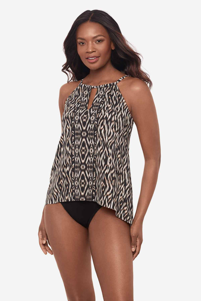 Woman wearing a multicolor tankini top with peephole neckline