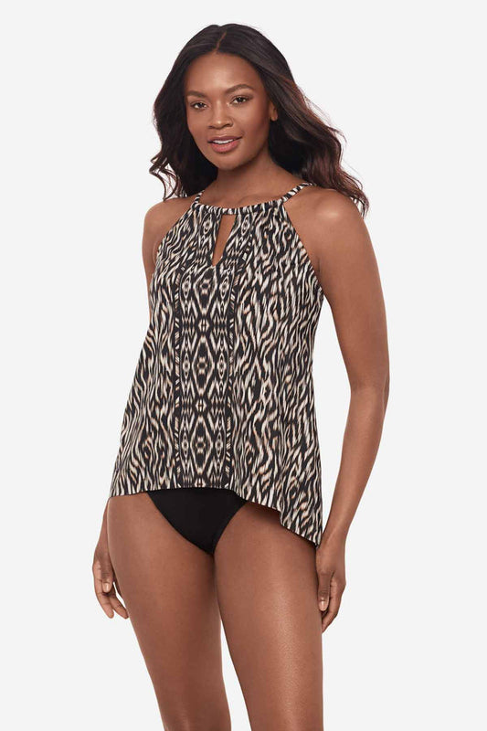 Woman wearing a multicolor tankini top with peephole neckline