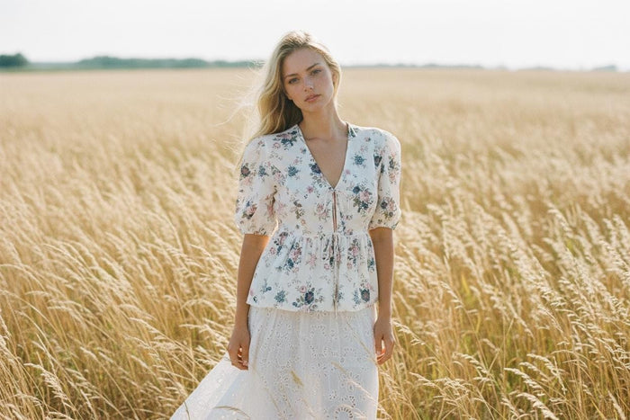 Peplum V Neck Liberty Print Top: Puffy Half Sleeves Blouse, Ditsy Botanical Floral Cotton