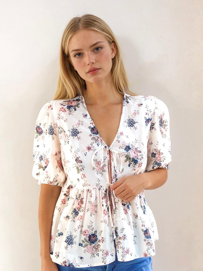 Peplum V Neck Liberty Print Top: Puffy Half Sleeves Blouse, Ditsy Botanical Floral Cotton