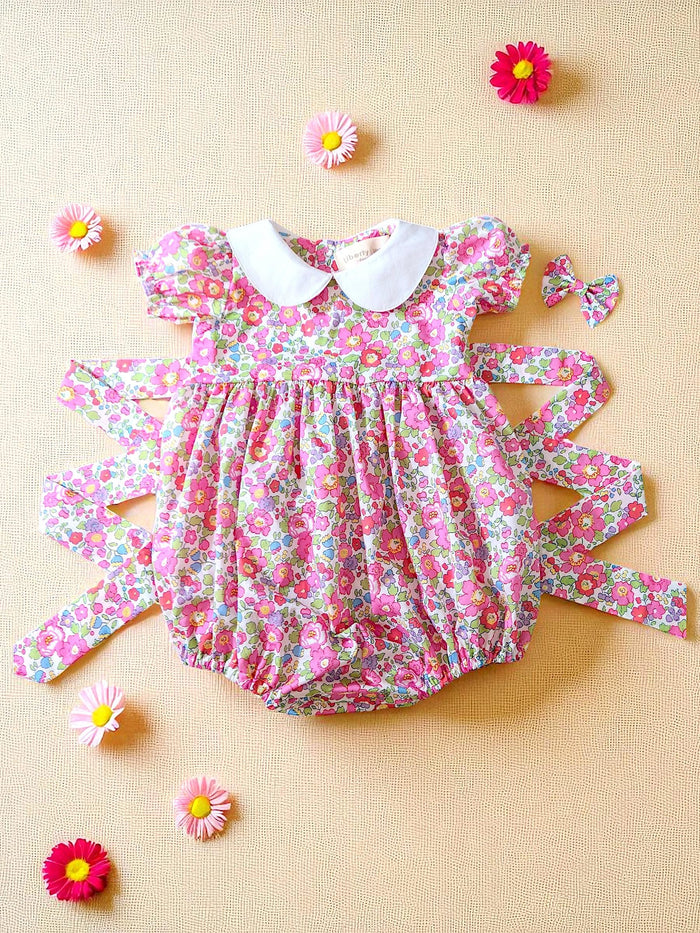Peter Pan Collar Liberty Bubble Romper: Floral Print Cotton, Short Puffed Sleeve
