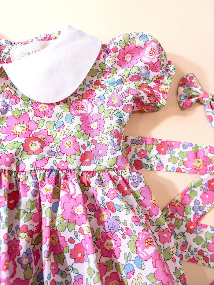 Peter Pan Collar Liberty Bubble Romper: Floral Print Cotton, Short Puffed Sleeve