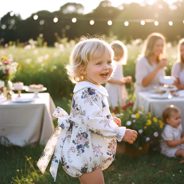 Peter Pan Collar Liberty Bubble Romper: Floral Print Cotton, Short Puffed Sleeve