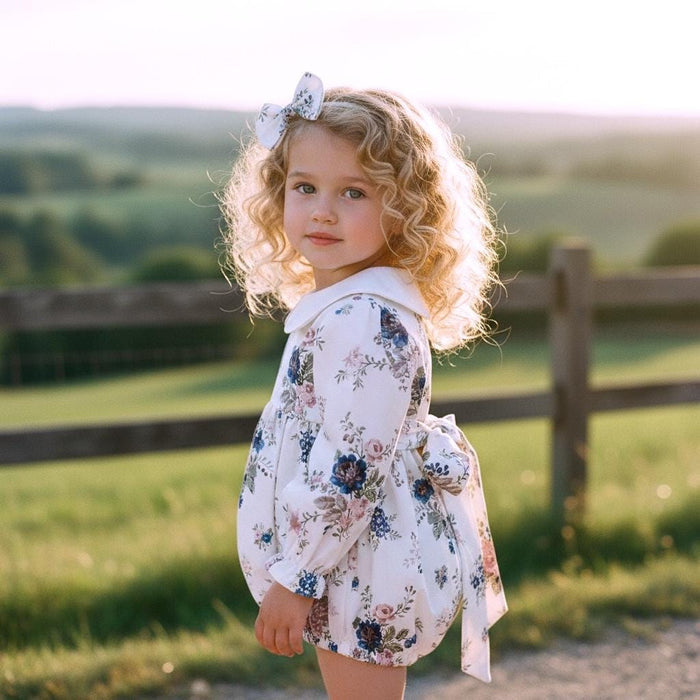 Peter Pan Collar Liberty Bubble Romper: Floral Print Cotton, Short Puffed Sleeve