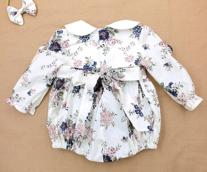 Peter Pan Collar Liberty Bubble Romper: Floral Print Cotton, Short Puffed Sleeve
