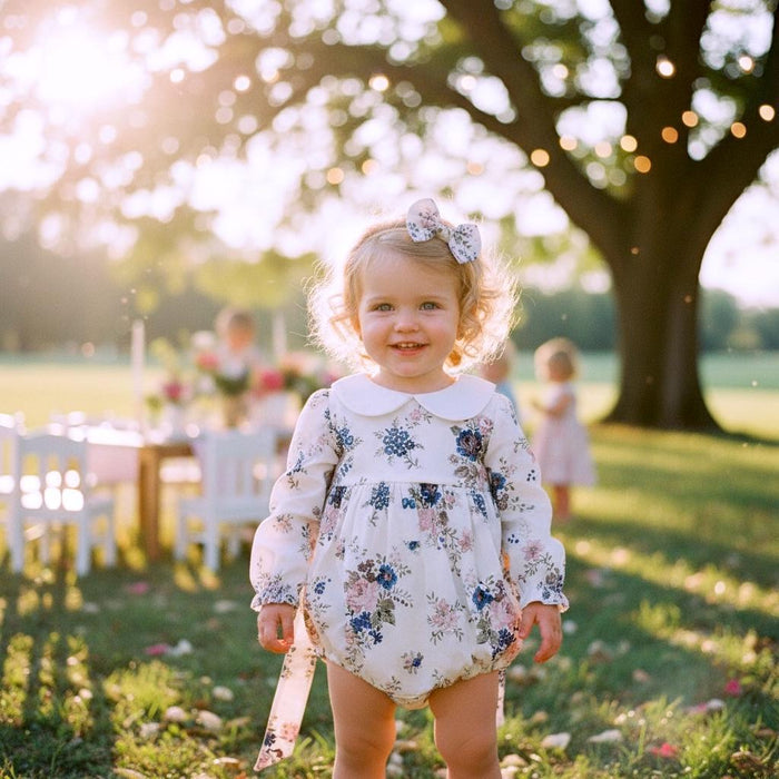 Peter Pan Collar Liberty Bubble Romper: Floral Print Cotton, Short Sleeve