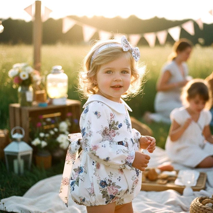 Peter Pan Collar Liberty Bubble Romper: Floral Print Cotton, Short Sleeve