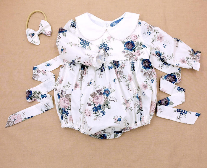 Peter Pan Collar Liberty Bubble Romper: Floral Print Cotton, Short Sleeve