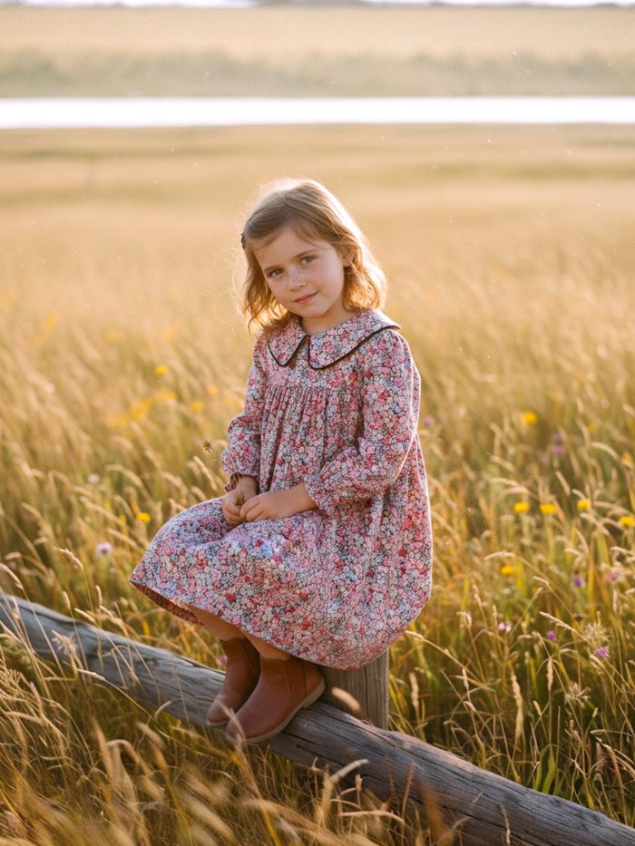 Peter Pan Collar Long Sleeve Liberty Floral Print Girl Dress: Cotton Tana Lawn