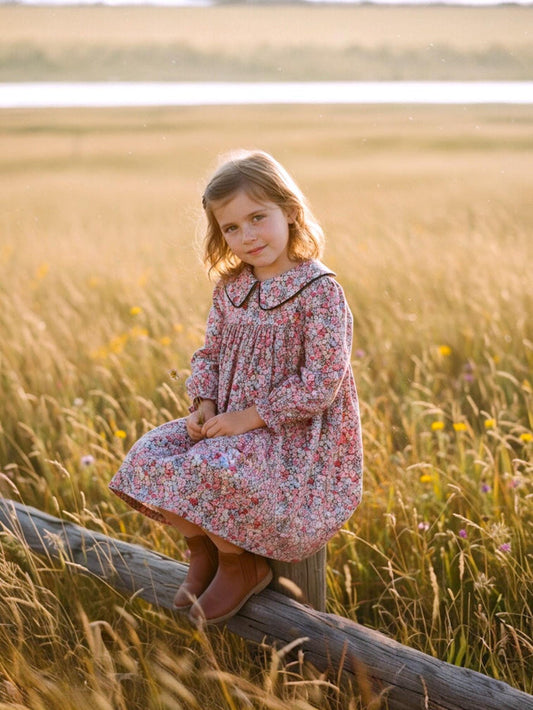 Peter Pan Collar Long Sleeve Liberty Floral Print Girl Dress: Cotton Tana Lawn