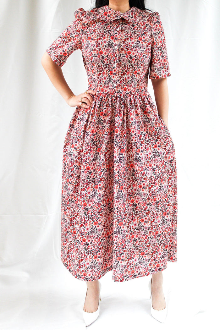 Peter Pan Collar Maxi Dress: Floral Print cotton, Short Sleeve, Liberty of London