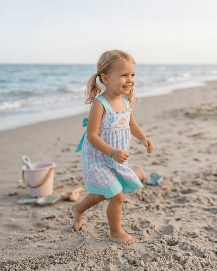 Pink and Aqua Seashell Smocked Sundress - Lil Cactus