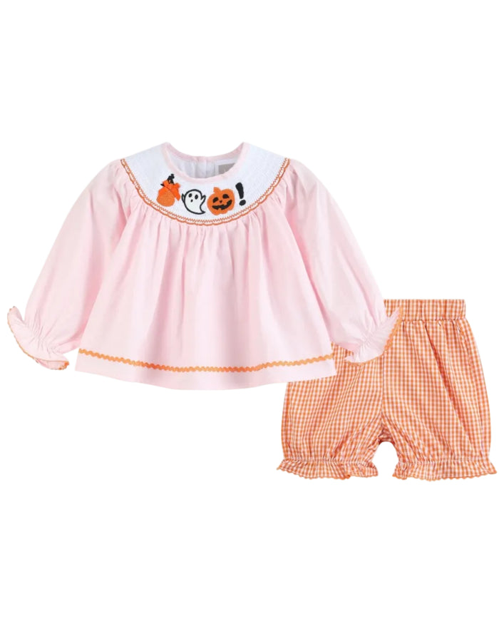 Pink and Orange Gingham Boo Smocked Dress and Bloomer Set - Lil Cactus