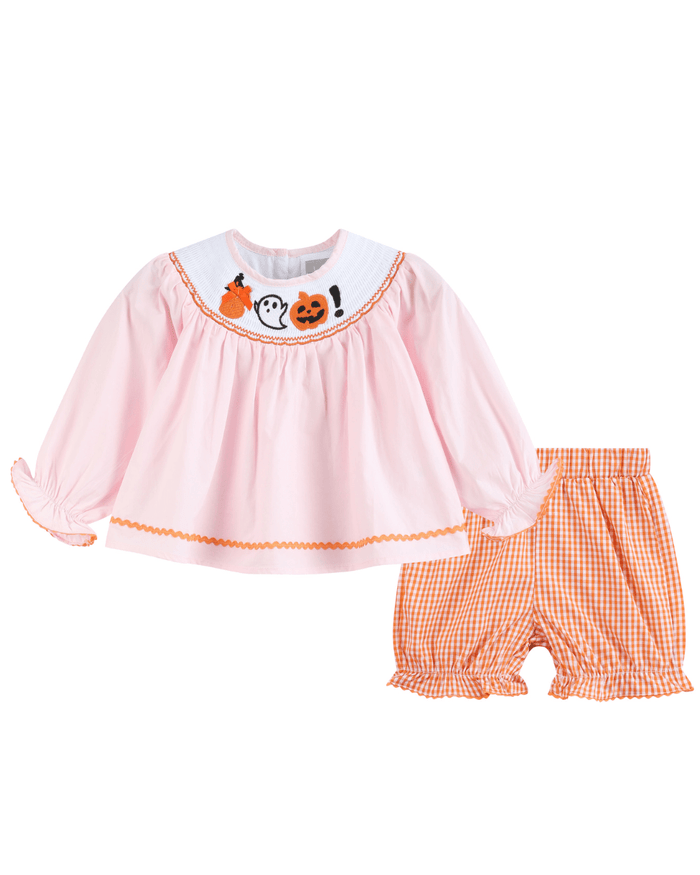 Pink and Orange Gingham Boo Smocked Dress and Bloomer Set - Lil Cactus