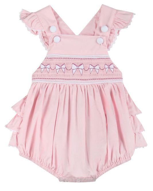 Pink and White bows Smocked Ruffle Romper - Lil Cactus