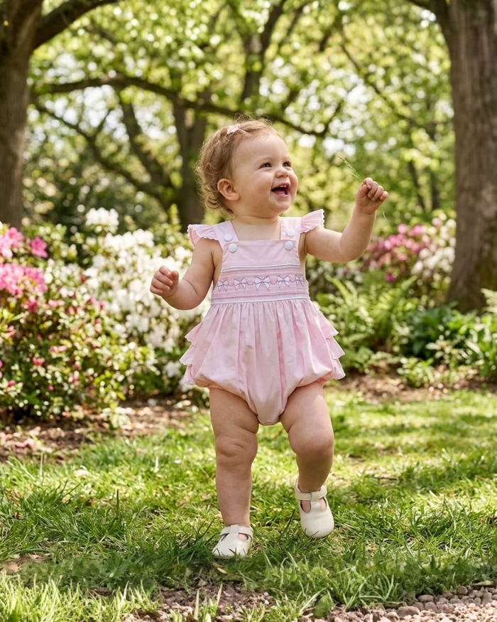 Pink and White bows Smocked Ruffle Romper - Lil Cactus